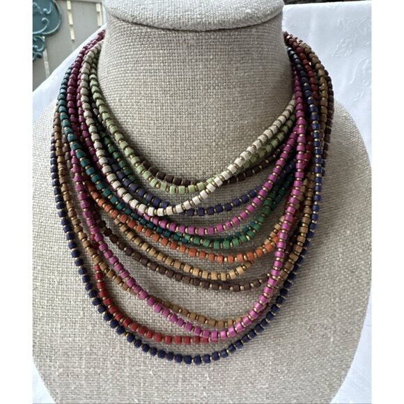 Chicos Layered Seed Bead Mutli Earth Tone 11" Long Statement Necklace NEW - Picture 2 of 12